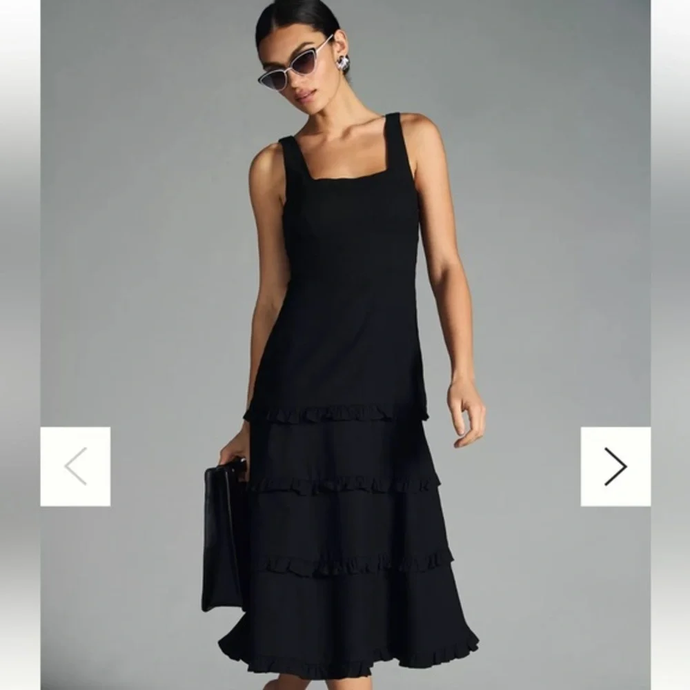 Anthropologie Linen Blend The Blythe Square Neck Tiered Dress Black Small NWT - Picture 1 of 12